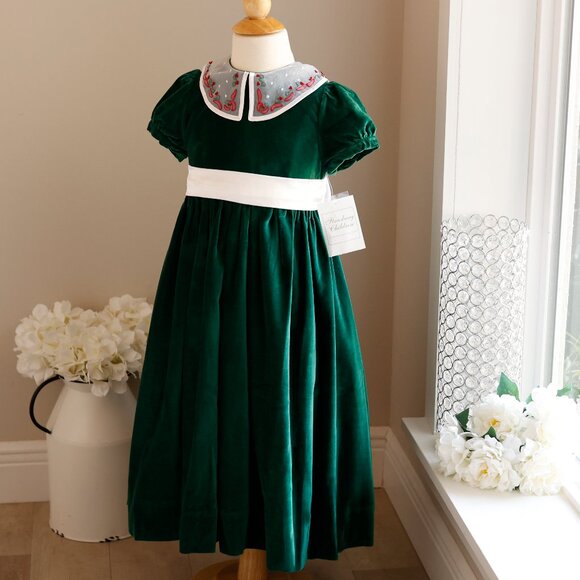 Strasburg Green Dress Cotton Velvet Organza Collar Satin Sash Size 5 NWT - Picture 5 of 6